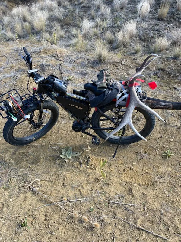 Orion hunting e-bike carrying antlers after a hunt near Bend
