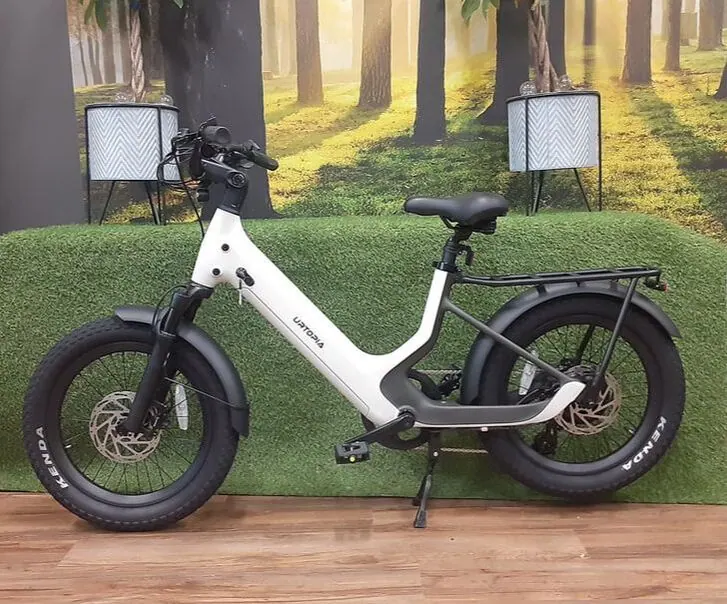 Joy Carbon step-through cargo e-bike in white with front and rear racks