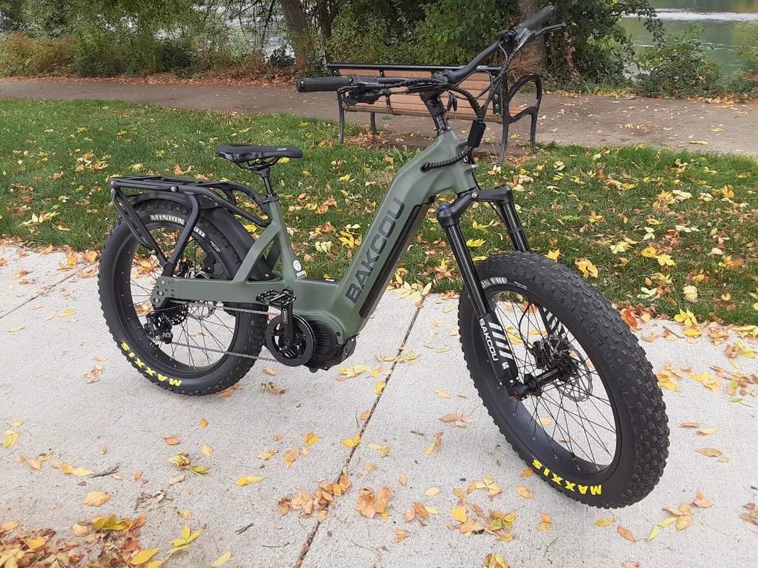 Bakcou Mule SD fat-tire mid-drive e-bike in olive green with a rear rack