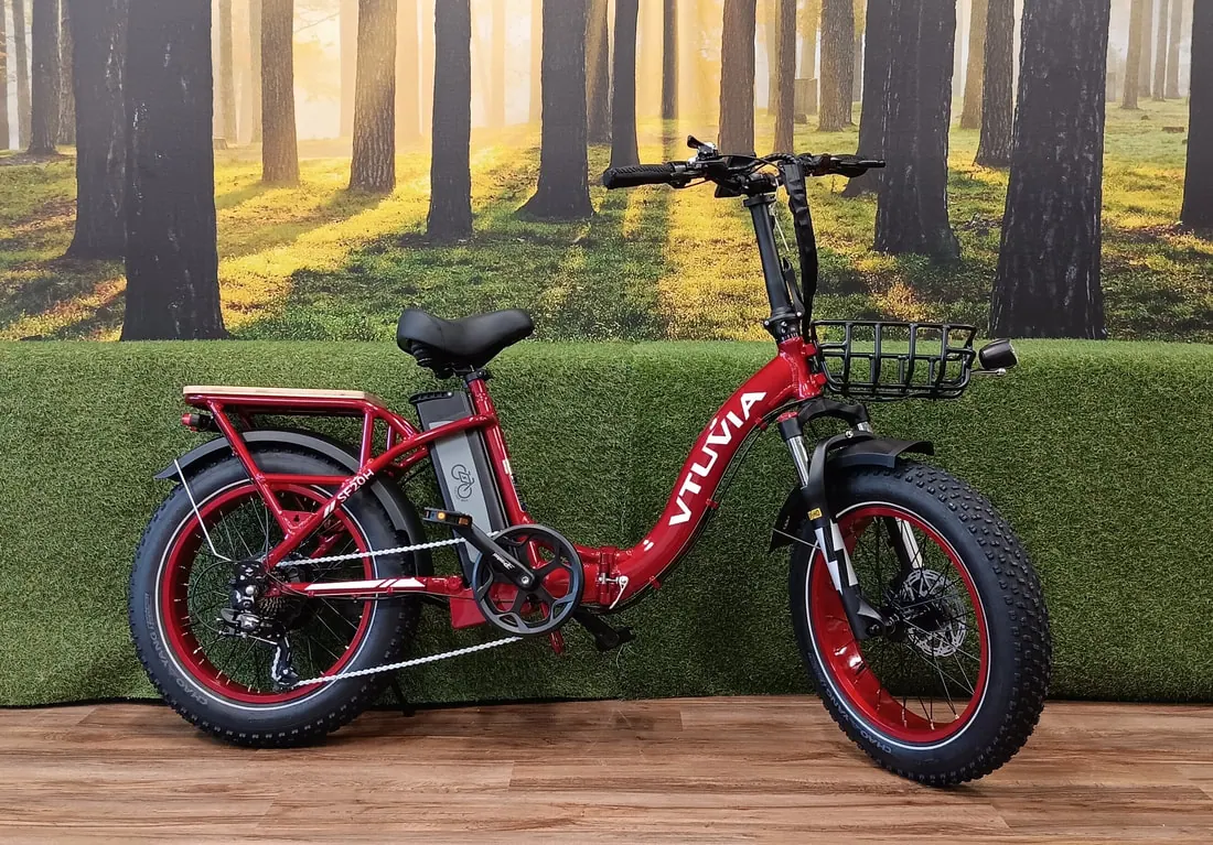 Vtuvia SF20H folding step-through fat-tire e-bike in red with a basket